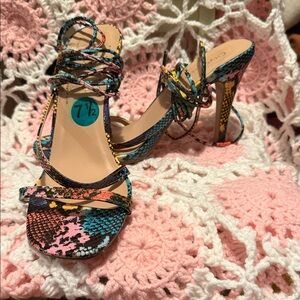 Multi-Color Snakeskin Strappy High Heel Sandals - Women's
